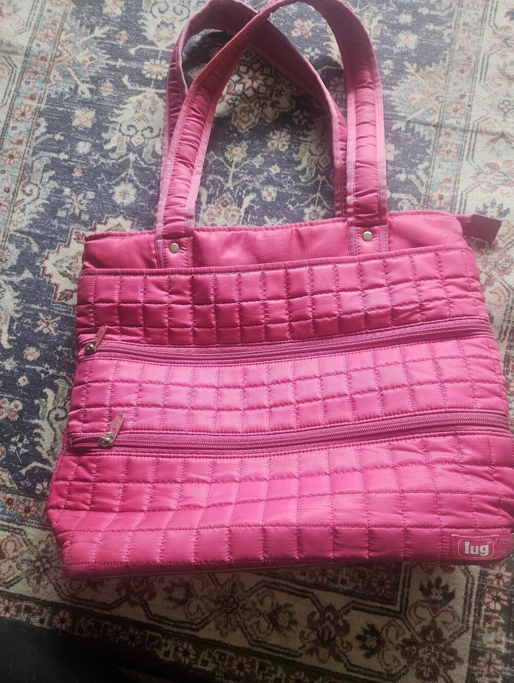 Lug Taxicab Pink Tote featuring four exterior zippered pockets.